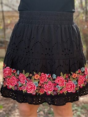 Savanna Jane Black Eyelet Mini Skirt with Pink Floral Embroidery